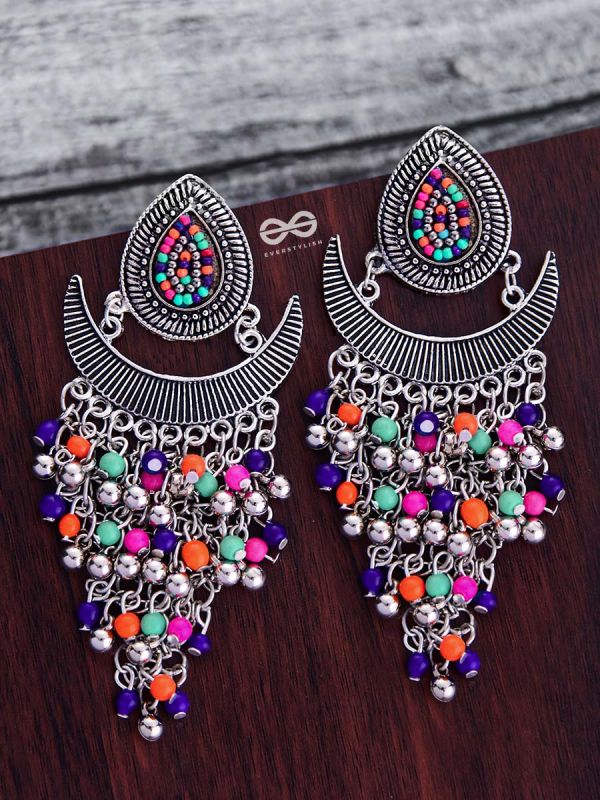 The Droplet Jhaalar Earrings (Multicolour) - The Embroidered Oxidised Collection 