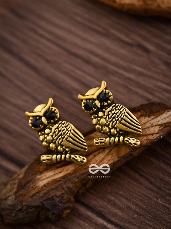 The Owl on a branch Studs (Golden) - Tiny Trinket Earrings