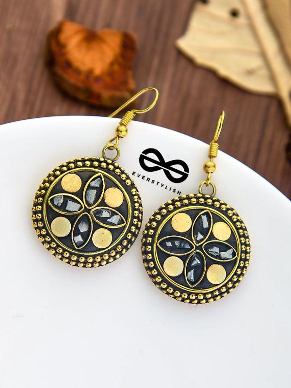 The Tribal Intricate Danglers (Golden) - Oxidised Boho Earrings