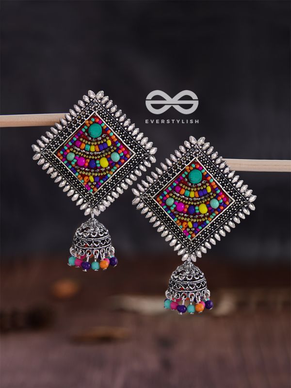 The Beaded Bohemian Square Jhumkas(Multicoloured) - Embroidered Oxidised Collection