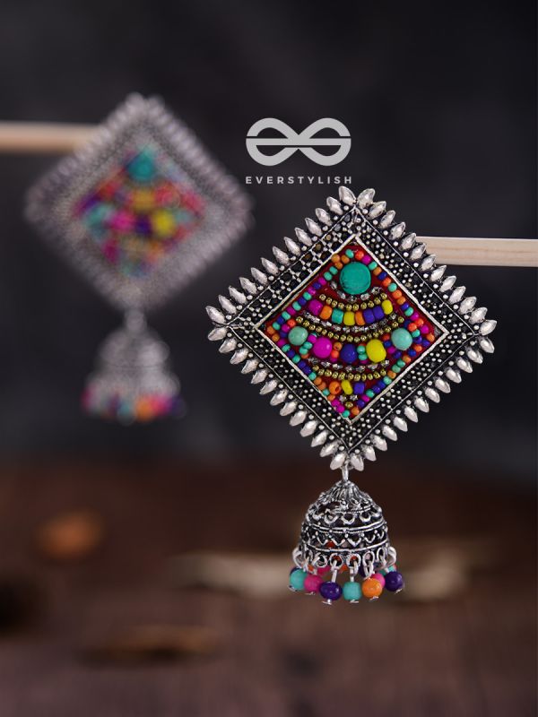 The Beaded Bohemian Square Jhumkas(Multicoloured) - Embroidered Oxidised Collection