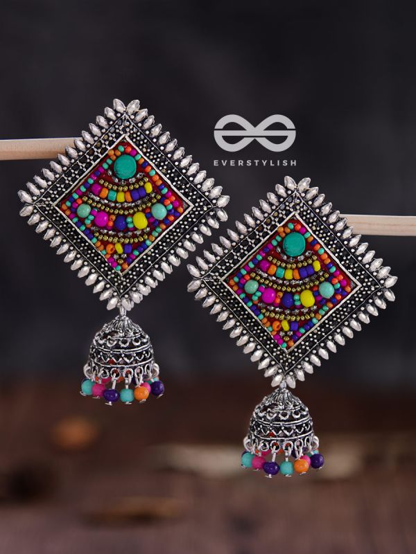 The Beaded Bohemian Square Jhumkas(Multicoloured) - Embroidered Oxidised Collection