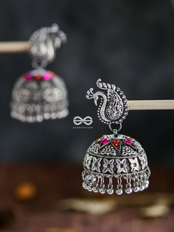 The Large Statement Peacock Jhumkas - Embellished Oxidised Collection
