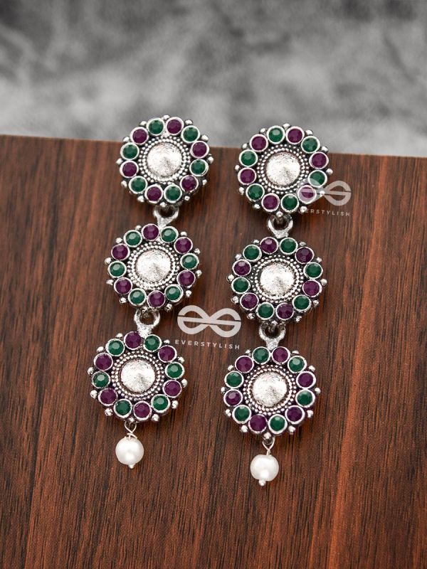 The Layered Boho Danglers (Ruby-Emerald) - Embellished Oxidised Earrings 