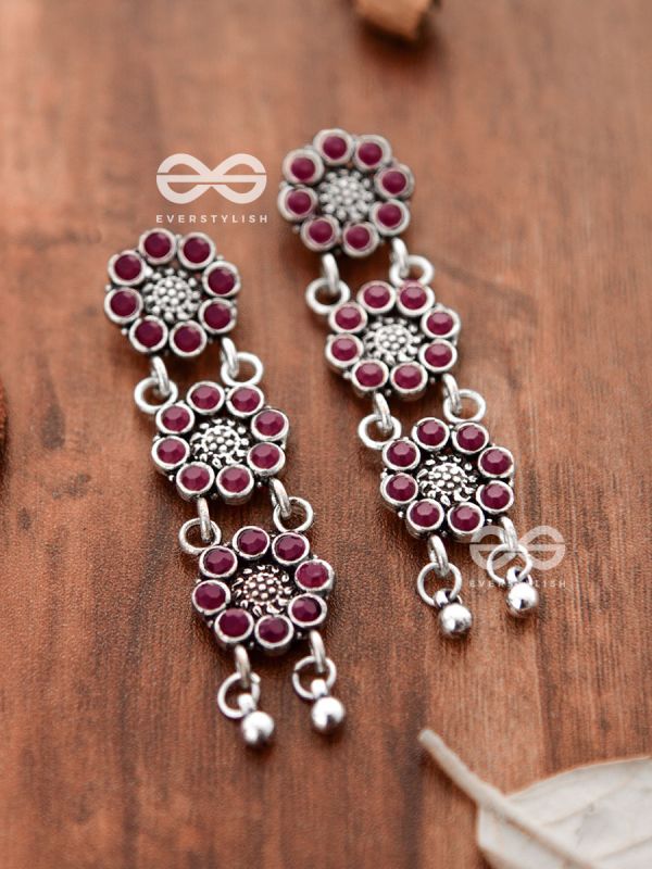 The Triple Layered Intricate Danglers (Ruby Red) - The Embellished Oxidised Collection