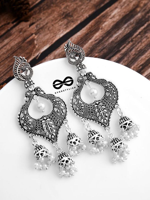 The Intricate Peacock Triple Jhumkis - Oxidised Boho Earrings