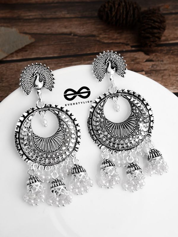 The Intricate Peacock Sun Triple Jhumkis - Oxidised Boho Earrings