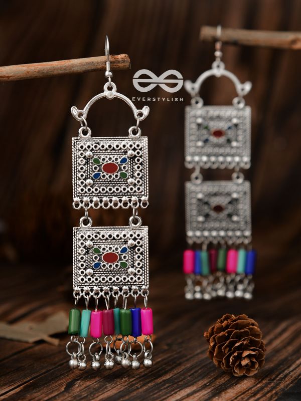 The Double Embellished Trunks (Red Hues) - Oxidised Boho Earrings - Multicolour