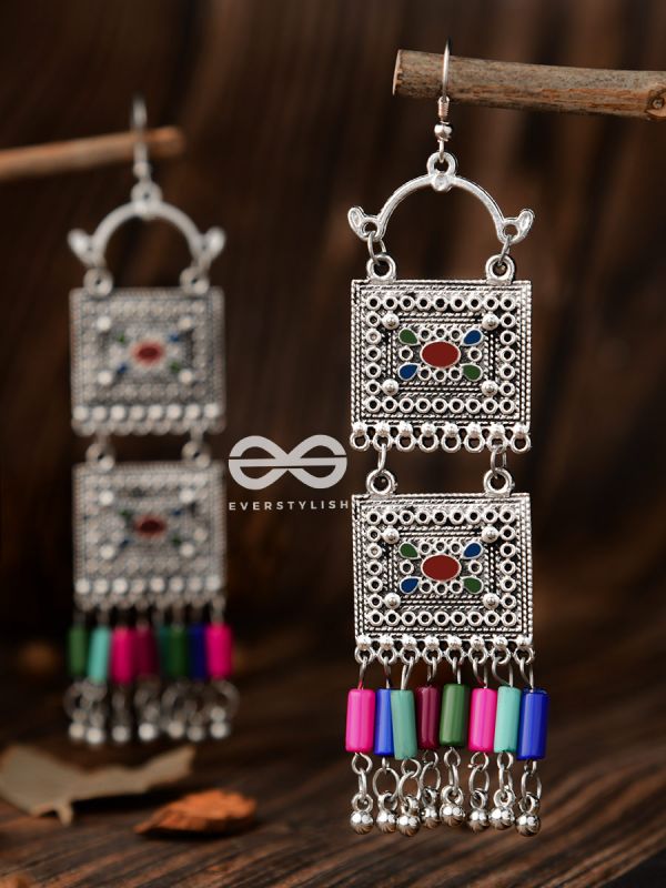 The Double Embellished Trunks (Red Hues) - Oxidised Boho Earrings - Multicolour