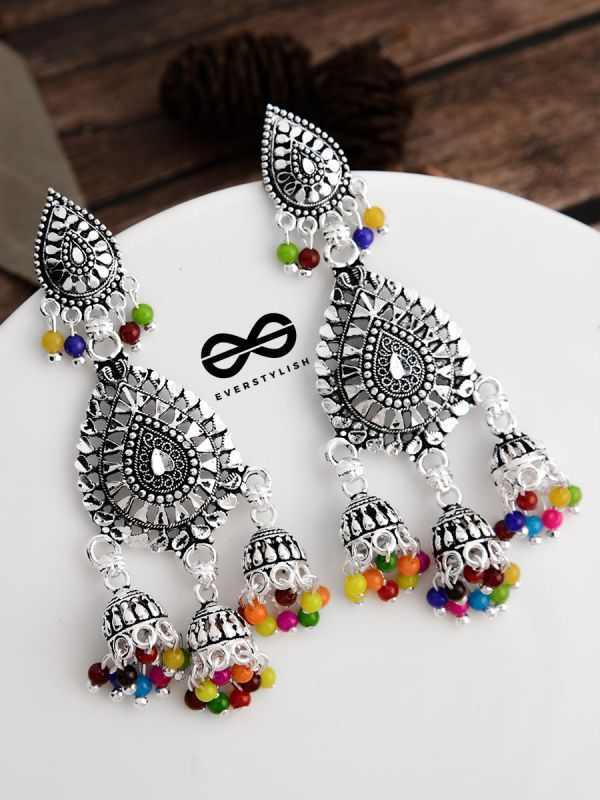 The Multicoloured Droplet Triple Jhumkis - Oxidised Boho Earrings