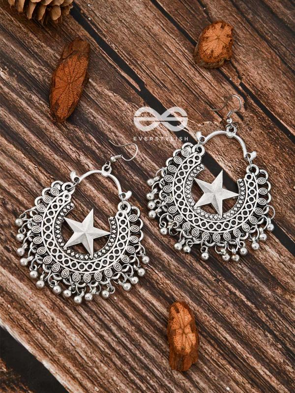 The Moon and Star Danglers - Oxidised Boho Earrings