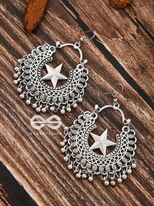 The Moon and Star Danglers - Oxidised Boho Earrings