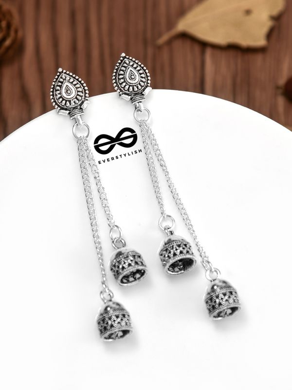The Double Jhumki Geometric Droplet Danglers - Oxidised Boho Earrings