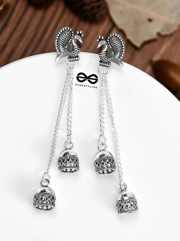 The Double Jhumki Intricate Peacock Danglers - Oxidised Boho Earrings