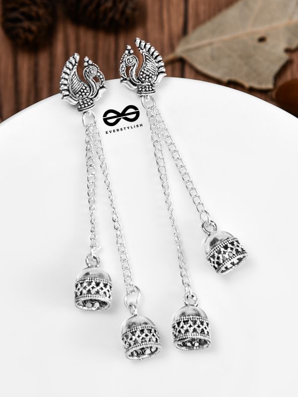 The Double Jhumki Vintage Peacock Danglers - Oxidised Boho Earrings