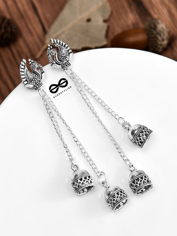The Double Jhumki Vintage Peacock Danglers - Oxidised Boho Earrings