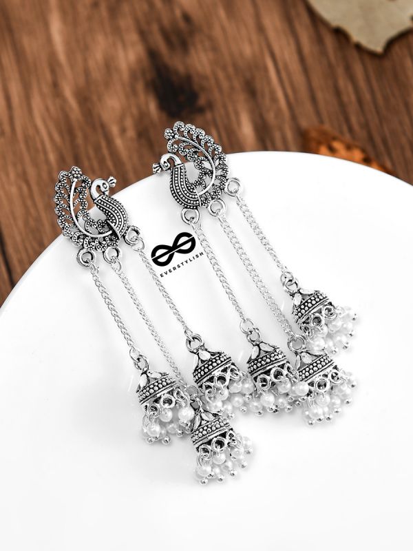 The Intricate Peacock Triple Hanging Jhumkis - Oxidised Boho Earrings
