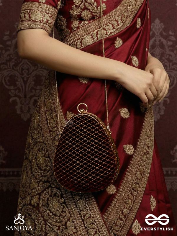 NOOR – OVAL MAROON VELVET CLUTCH WITH RICH ZARDOZI EMBROIDERY AND GOLDEN METAL FRAME