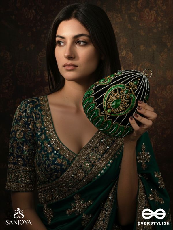 MEHREENA – OVAL DARK GREEN VELVET CLUTCH WITH INTRICATE HANDWORK AND GOLDEN METAL FRAME
