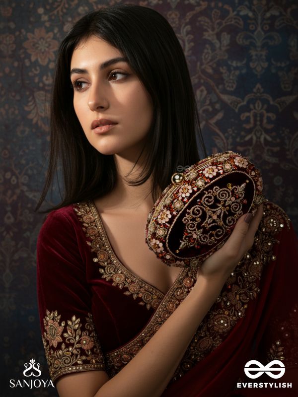 ZEVARIYA – HEIRLOOM-STYLE OVAL CLUTCH WITH INTRICATE ZARI DETAILING AND GOLDEN METAL FRAME