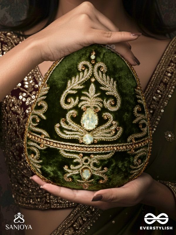 SABREEN - OVAL DEEP OLIVE GREEN VELVET HANDLE CLUTCH WITH RICH HAND DETAILING AND GOLDEN METAL FRAME