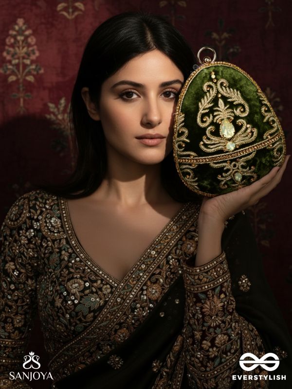 SABREEN - OVAL DEEP OLIVE GREEN VELVET HANDLE CLUTCH WITH RICH HAND DETAILING AND GOLDEN METAL FRAME