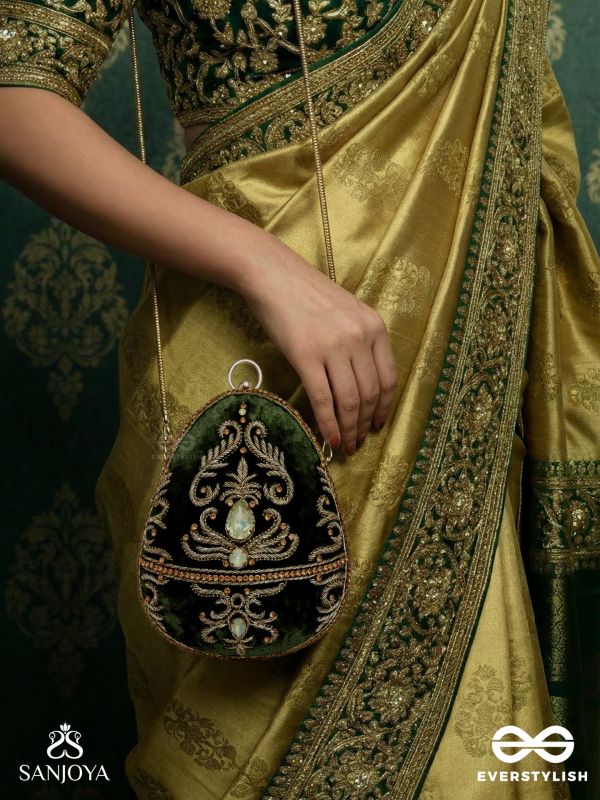 SABREEN - OVAL DEEP OLIVE GREEN VELVET HANDLE CLUTCH WITH RICH HAND DETAILING AND GOLDEN METAL FRAME