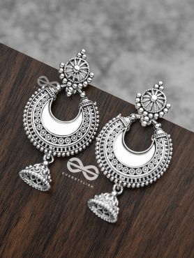 The Intricate Mirror Moon Jhumkis - Oxidised Boho Earrings