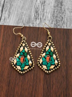 A Handcrafted Delight - Golden Turquoise Tribal Style Earrings