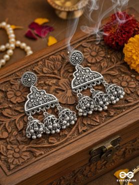 The Boho Delight - Triple Jhumki Studs - Oxidised Boho Earrings