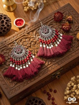 The Enamelled Artwork Tassels (Burgundy) - Oxidised Boho Earrings