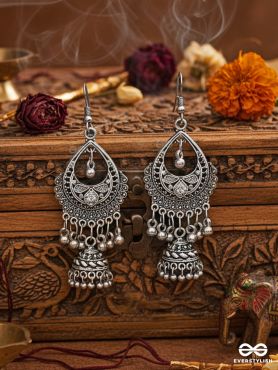 The Droplet Artwork Jhumkis - Oxidised Boho Earrings