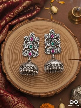 The Intricate Wonders (Ruby Emerald) - Embellished Oxidised Jhumkas