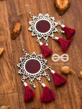 The Enamelled Tasselled Sun (Burgundy) - Oxidised Boho Earrings