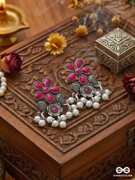 'A Floral Fantasy' - Embellished Oxidised Earrings (Ruby Red)