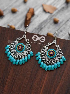 The Splendid Stunners (Teal-Blue) - Embroidered Oxidised Earrings