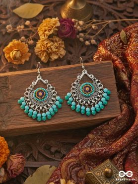 The Splendid Stunners (Teal-Blue) - Embroidered Oxidised Earrings