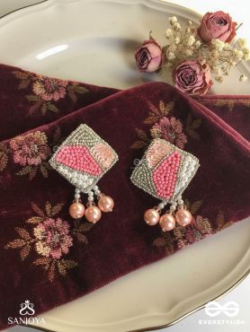 Chaturashra- The Charming Square- Beads and Pearls Embroidered Earrings (Blush & Fuchsia Pink)