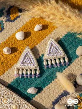 Suchyagra- The Eternal Pyramid- Pearls, Beads and Glass Beads Embroidered Earrings (Orchid Purple)