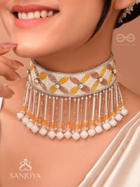 Ajathya- The Yellow Jasmine- Stones and Glass Beads Embroidered Choker Necklace