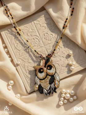 Shakuneya - The Owl King -  Sequins And Cutdana Hand Embroidered Necklace (Ebony Black And Golden)