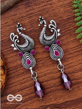 The Prancing Peacock- Embellished Oxidized Earrings (Magenta and Lavender) 