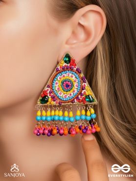 Tryashra - The Vibrant Triangle - Stones, Sequins And Resham Hand Embroidered Earrings