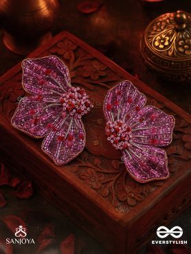 Prasthika- The Crimson Hibiscus- Sequins And Beads Embroidered Stud Earrings