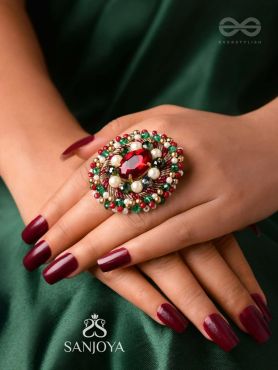 AKSHEPA - THE STATEMENT ONE - STONE, PEARLS AND BEADS EMBROIDERED RING