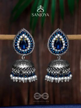 Ratryata - The Midnight Sapphire - Stone And Beads Hand Embroidered Oxidised Jhumka Earrings