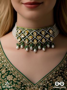Ardrata- The Emerald Finesse- Beads, Pearl Drops, Polki And Kundan Finished Hand Embroidered Choker Neckpiece