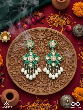 Anutva - The Royal Embrace - Pearls, Beads, Cutdana, Polki And Kundan Finished Hand Embroidered Earrings 