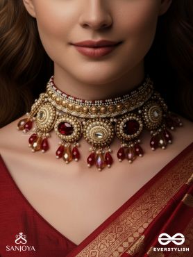 Ratula - The Crimson Majesty - Stones, Beads And Glass Drops Embroidered Necklace