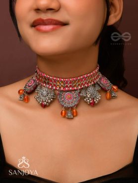 Prasvap - The Dusk Dream - Resham, Beads And Glass Drops Hand Embroidered Oxidised Choker Neckpiece